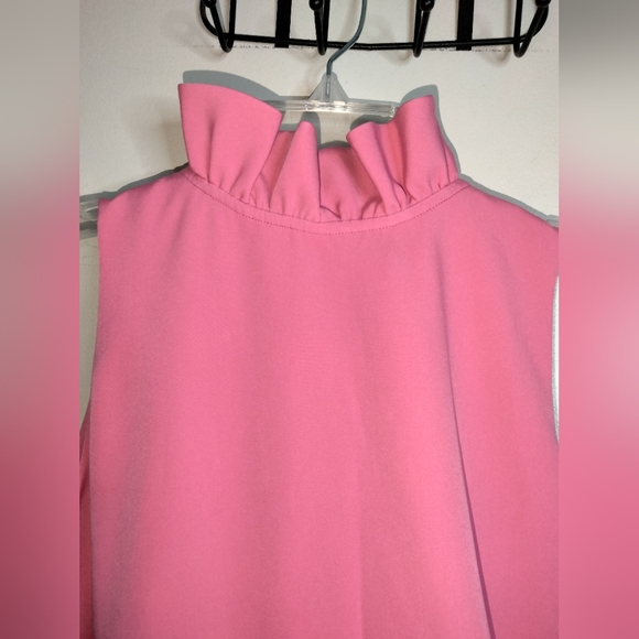 Tuckernuck (Sz M) Pink Ruffle Neck V-Back Tie Bow Sleeveless Shift Blythe Dress - Picture 3 of 10